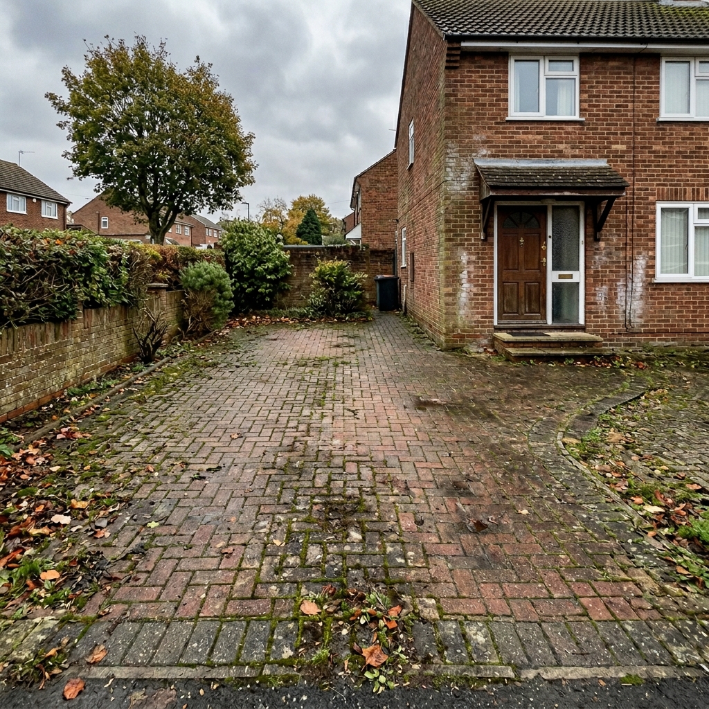 Before: driveway with moss and grime before pressure washing